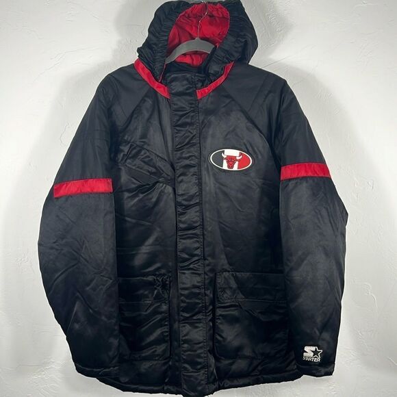 🏀 Vintage CHICAGO BULLS Starter Puffer Jacket Coat Removable Hood - Sz L - GUC - Picture 1 of 16